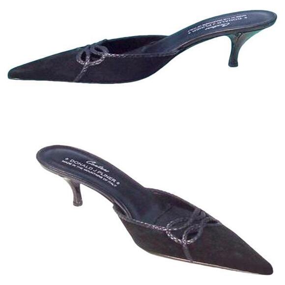 Donald Pliner Black Suede Metallic Leather Mule Shoe Peek A Boo Cutout NIB $235
